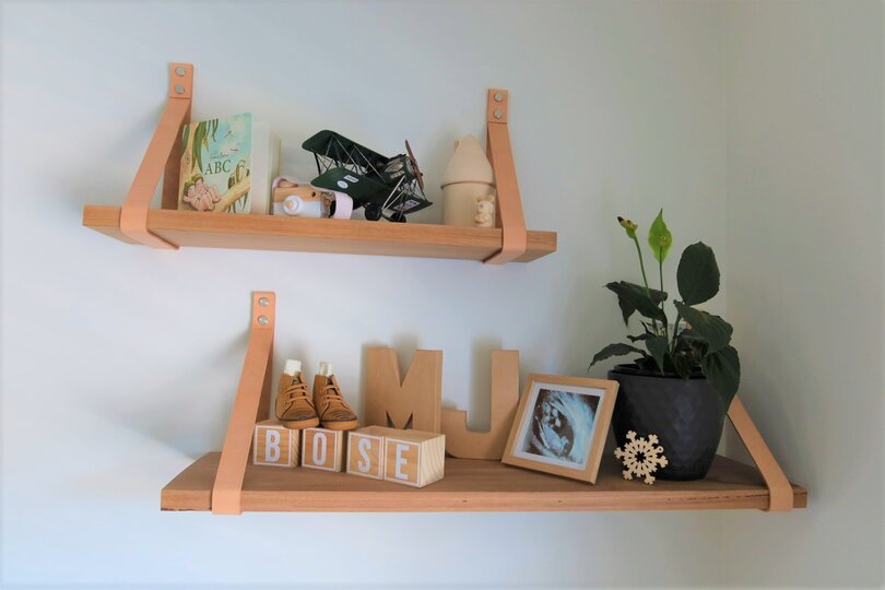 DIY $5 Shelves with Leather Straps - Shanty 2 Chic